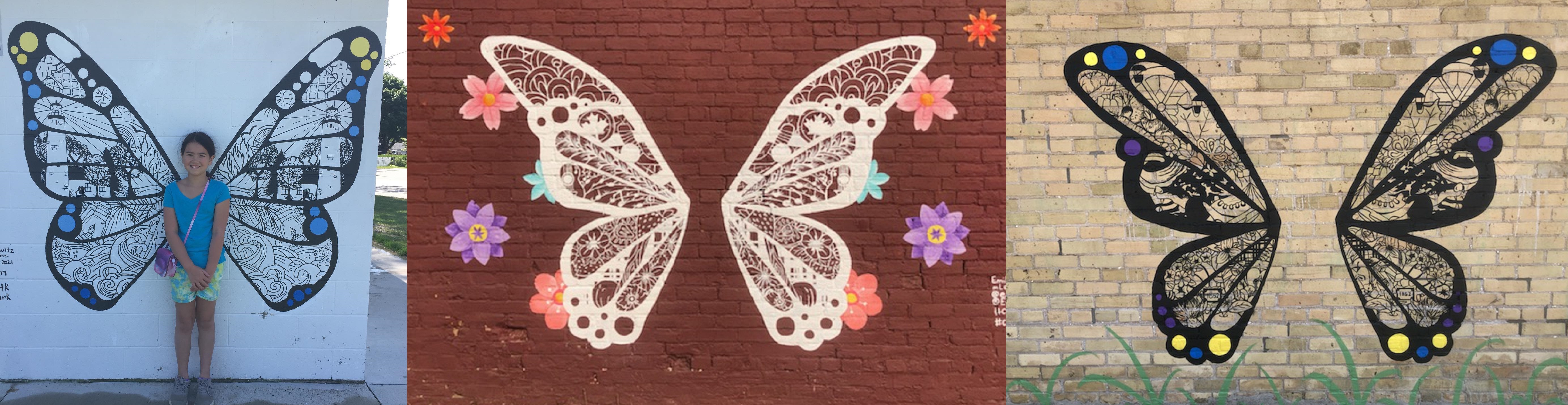 3 butterfly murals on the side of brick buildings